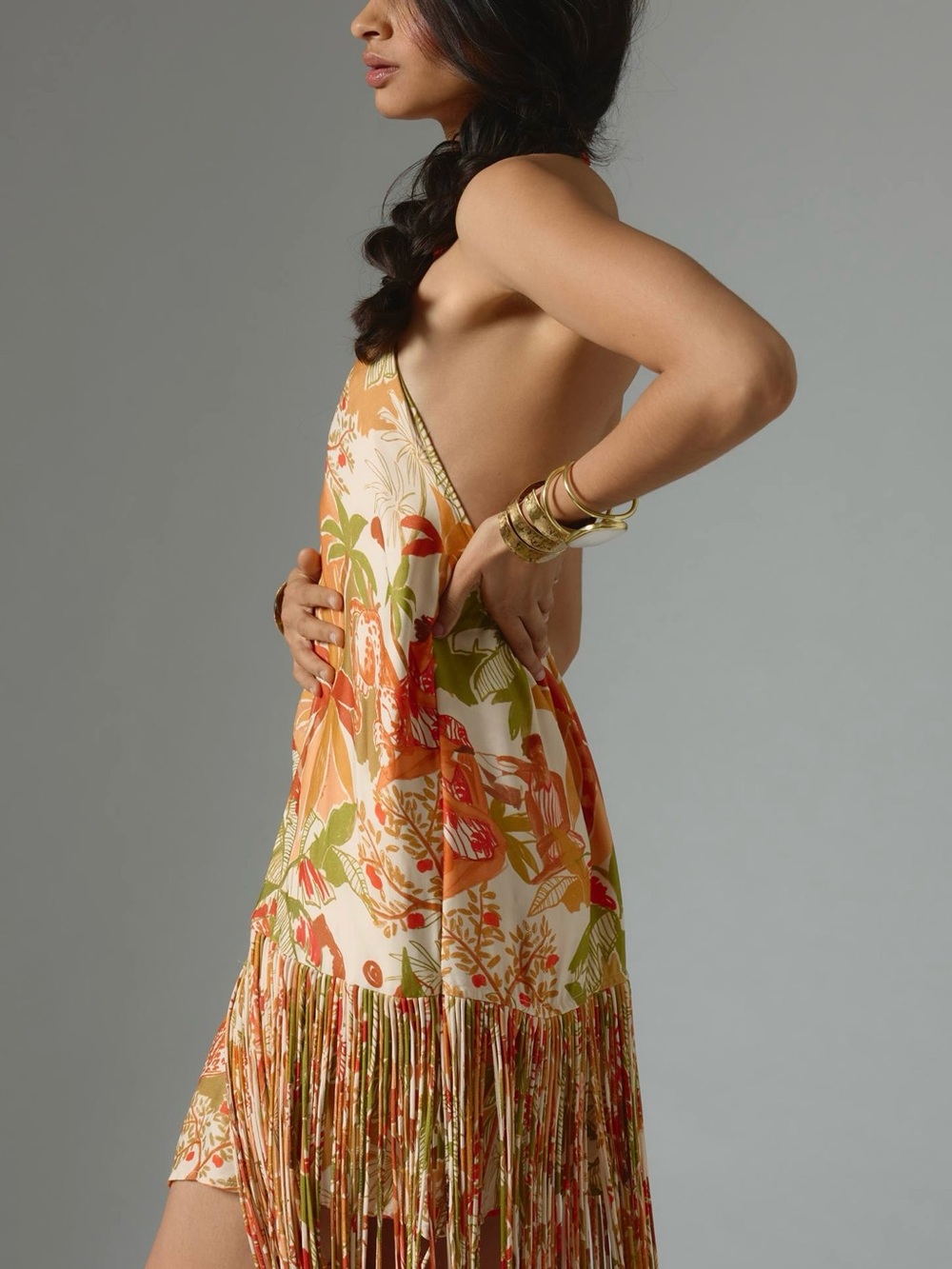 Farm Rio Tropical Fringe Halter Open Back Midi Dress Resort Vacation Size L - Picture 5 of 5